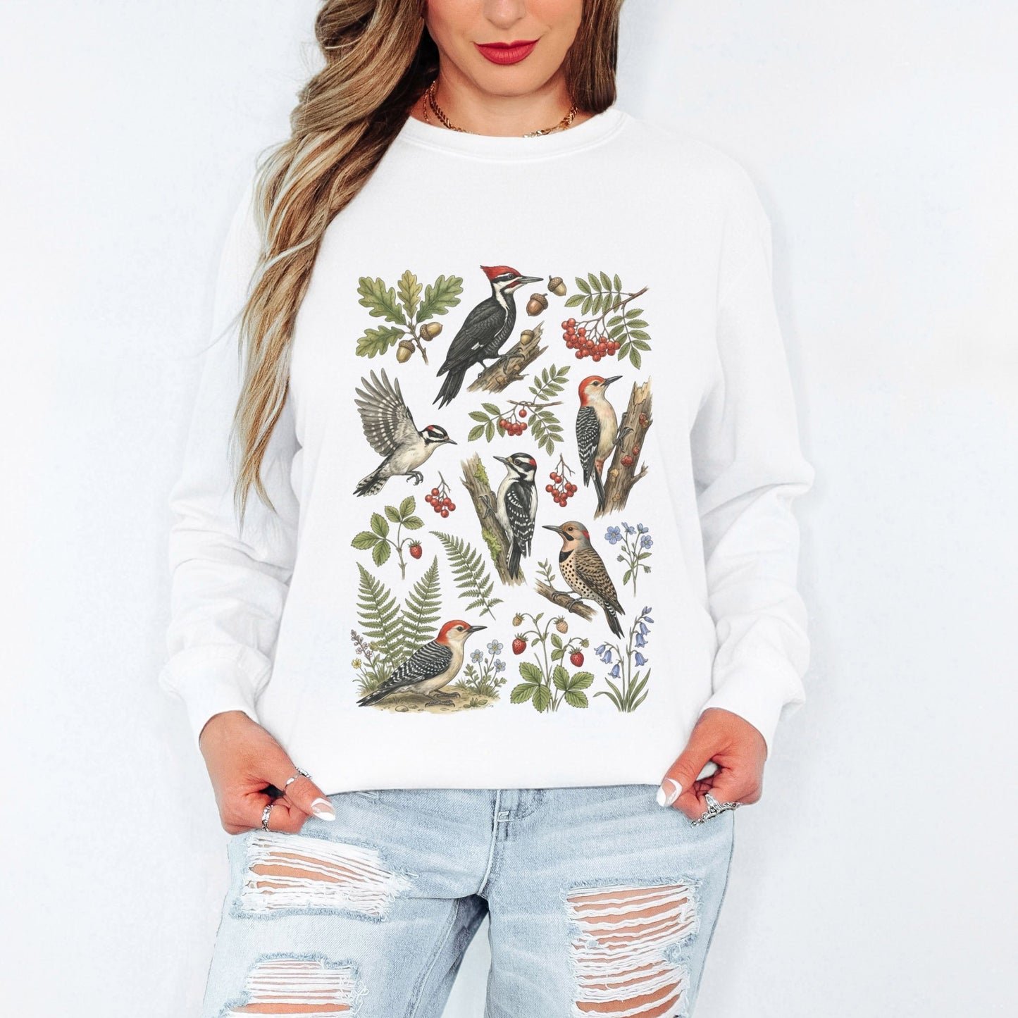 Botanical Woodpecker Collage Long Sleeve Tee