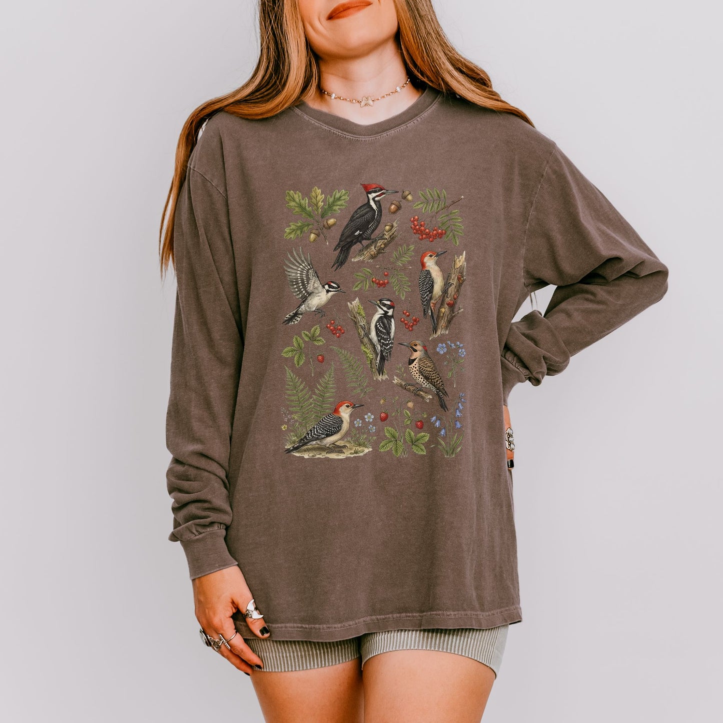 Botanical Woodpecker Collage Long Sleeve Tee