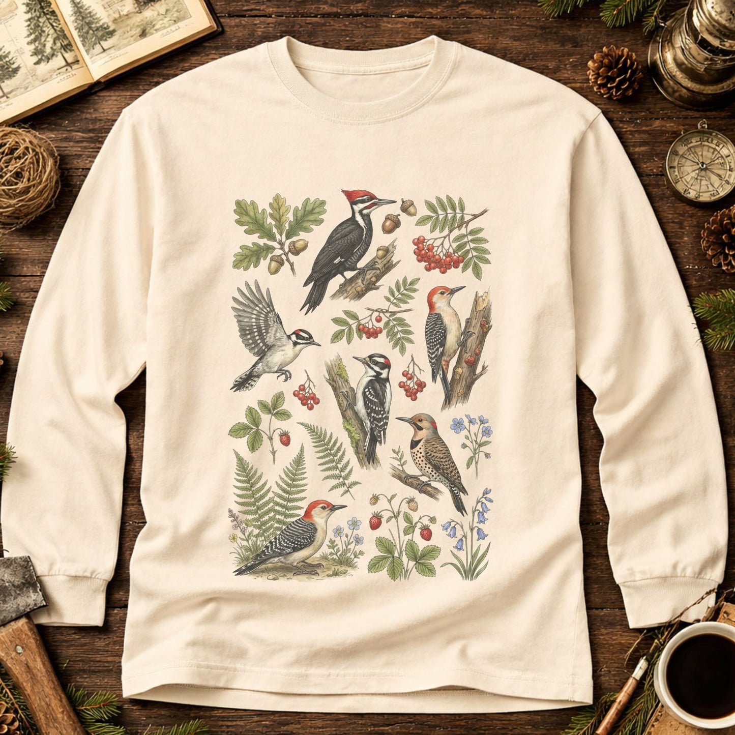 Botanical Woodpecker Collage Long Sleeve Tee