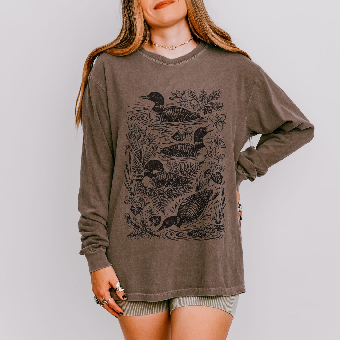 Linocut Common Loon Long Sleeve Tee