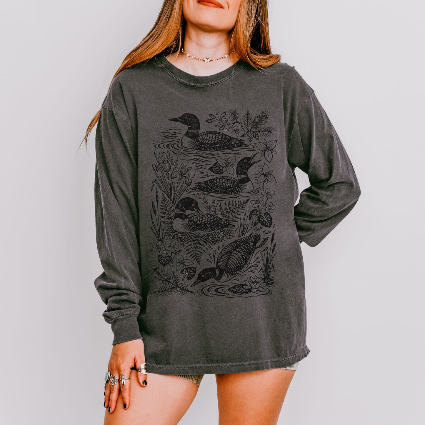 Linocut Common Loon Long Sleeve Tee
