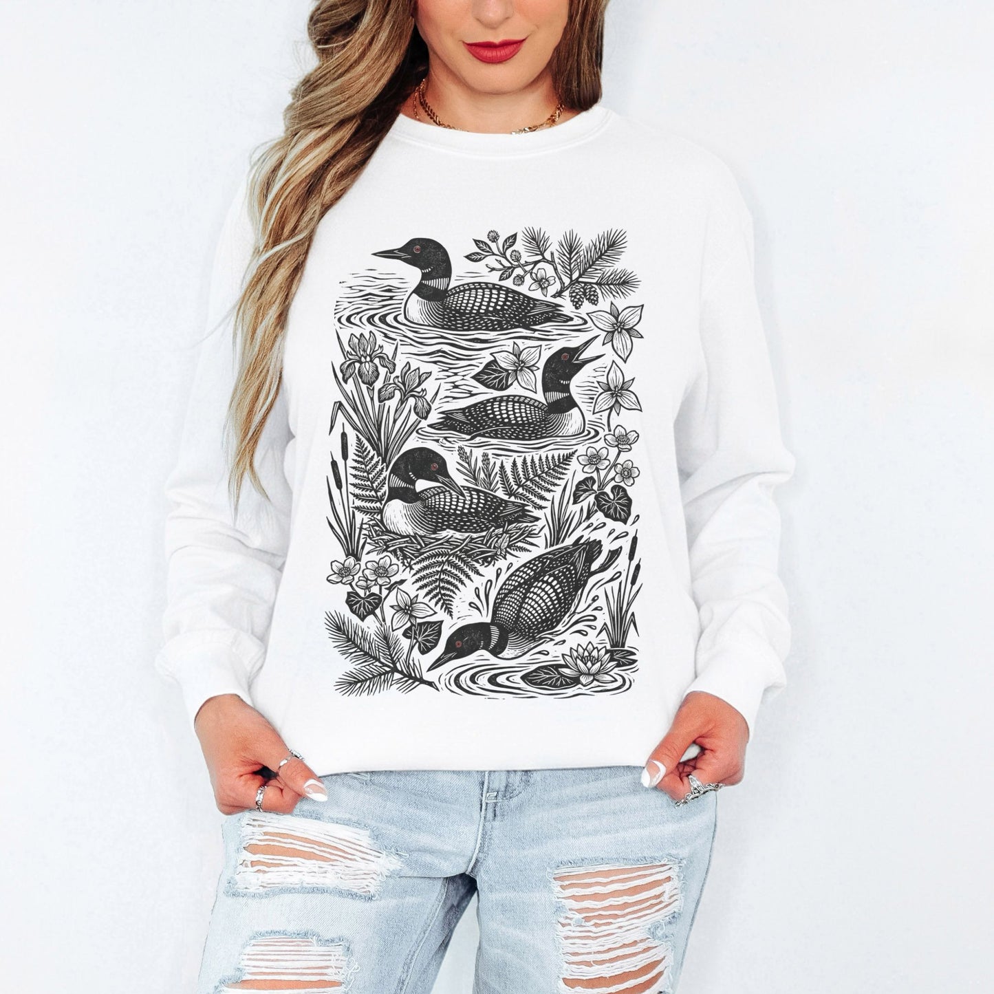 Linocut Common Loon Long Sleeve Tee