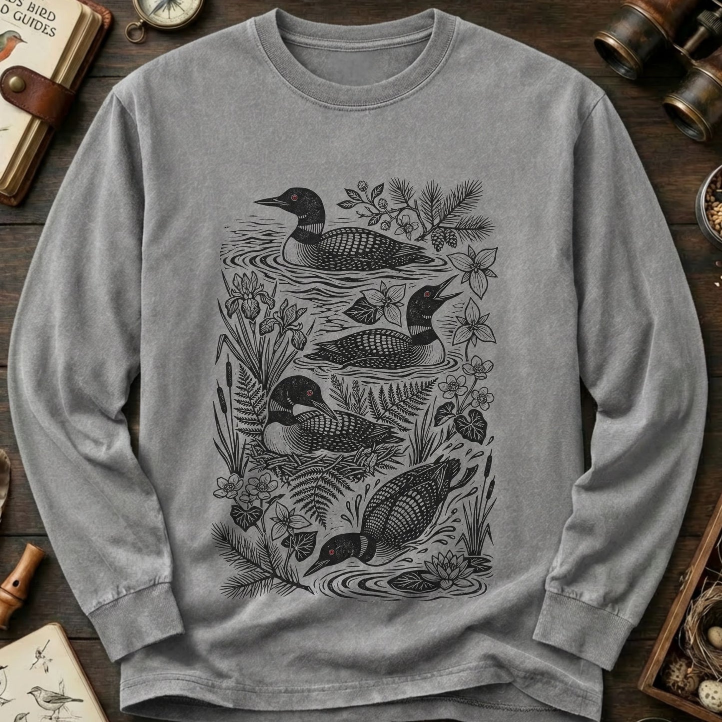 Linocut Common Loon Long Sleeve Tee