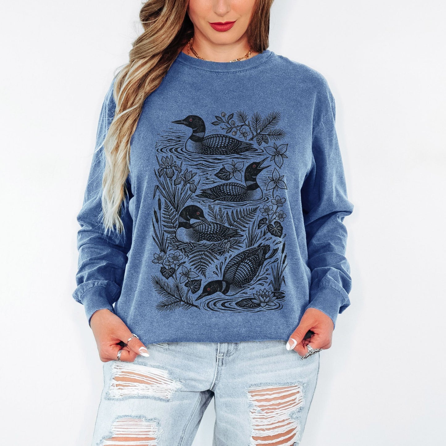 Linocut Common Loon Long Sleeve Tee