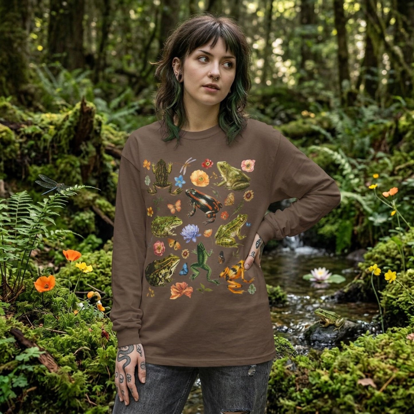 Vintage Floral Frogs Long Sleeve Tee