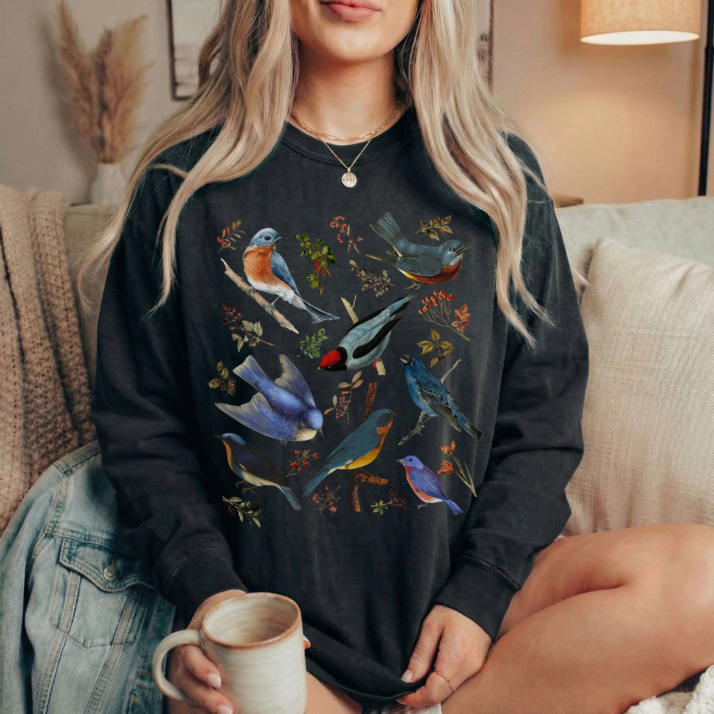 Vintage Blue Birds Long Sleeve Tee