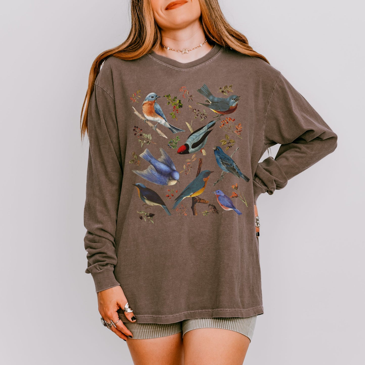 Vintage Blue Birds Long Sleeve Tee