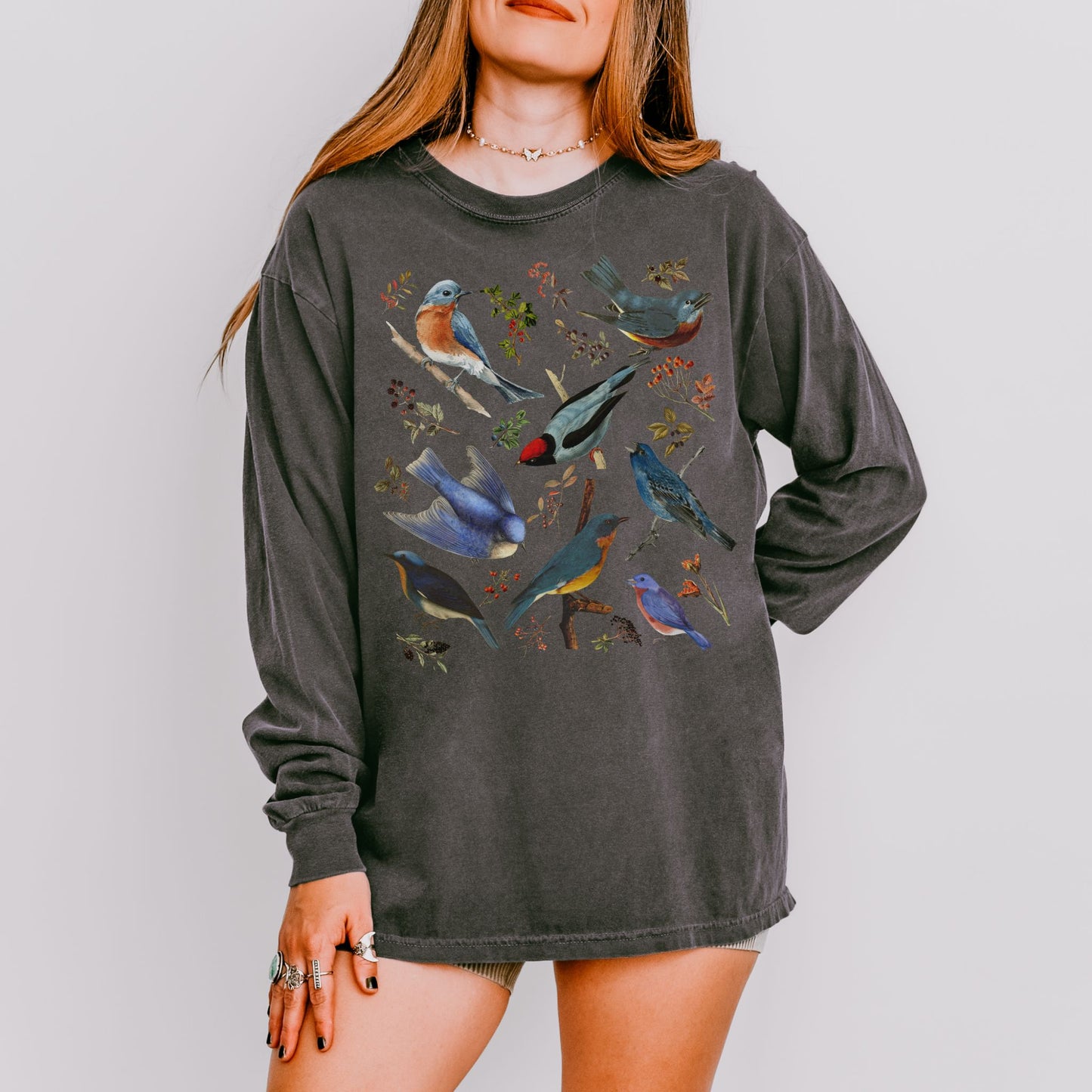 Vintage Blue Birds Long Sleeve Tee