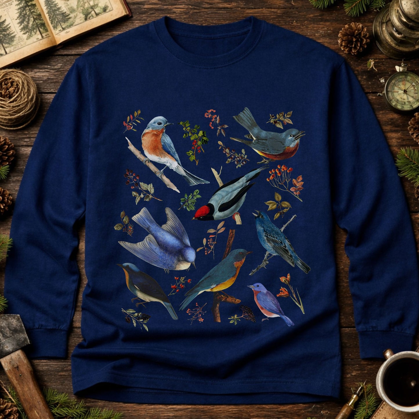 Vintage Blue Birds Long Sleeve Tee