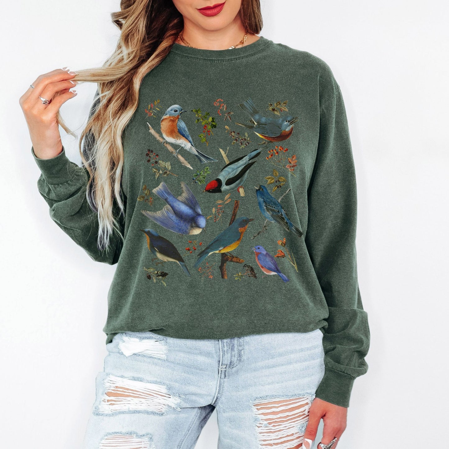 Vintage Blue Birds Long Sleeve Tee