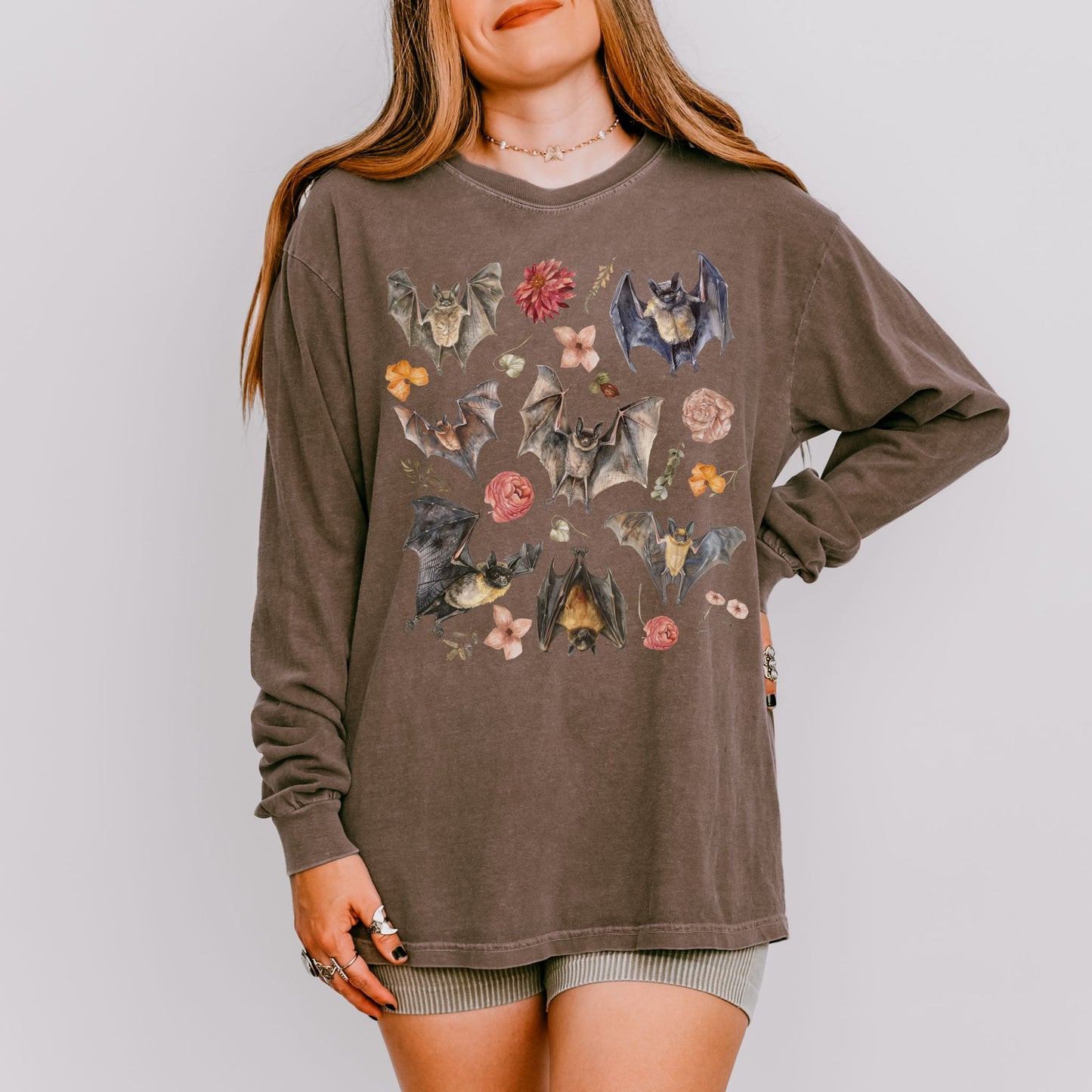 Floral Watercolor Bats Long Sleeve Tee