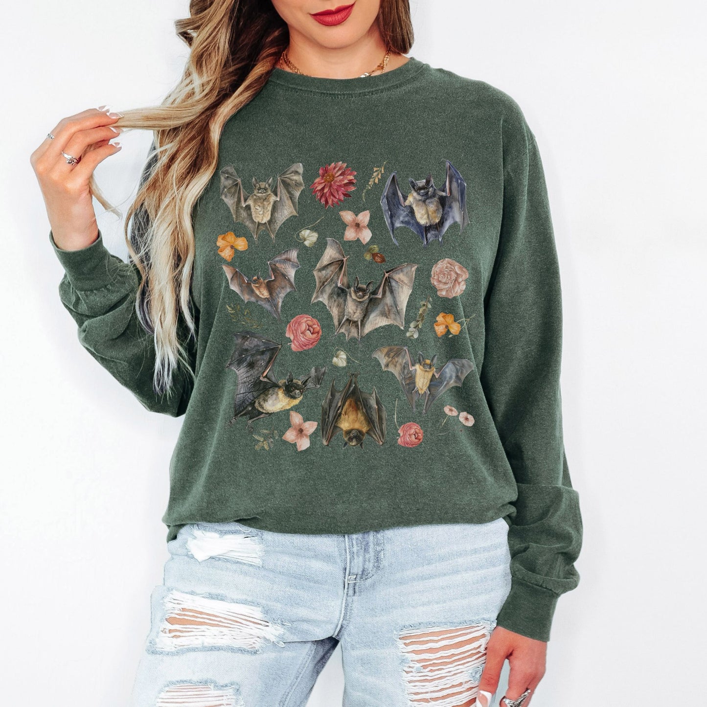 Floral Watercolor Bats Long Sleeve Tee