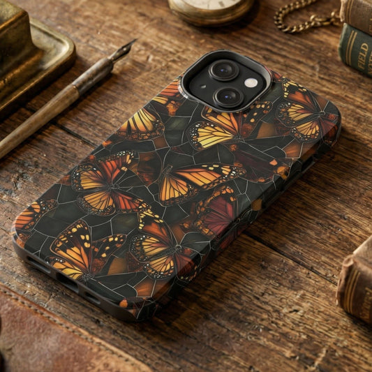 Phone case with butterfly design on a wooden surface