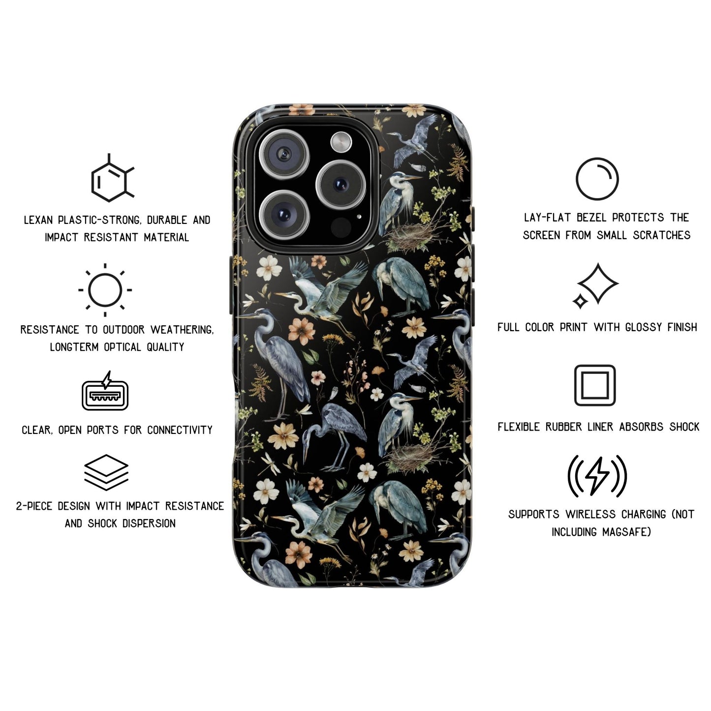 Floral Watercolor Heron Tough Phone Case
