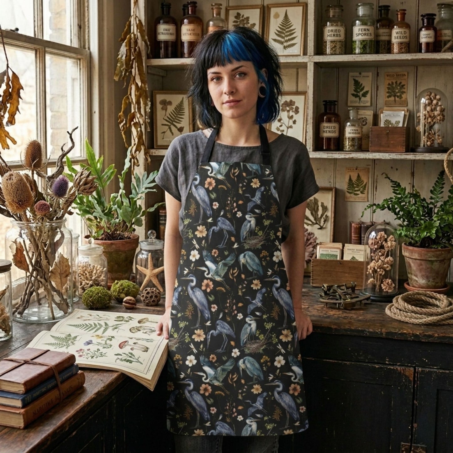 Watercolor Heron Floral Apron