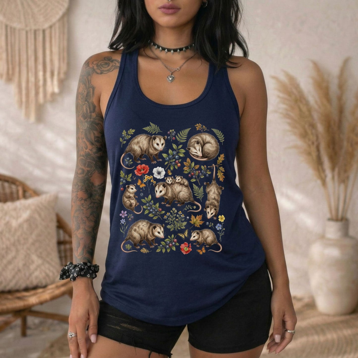 Floral Opossum Collage Racerback Tank Top