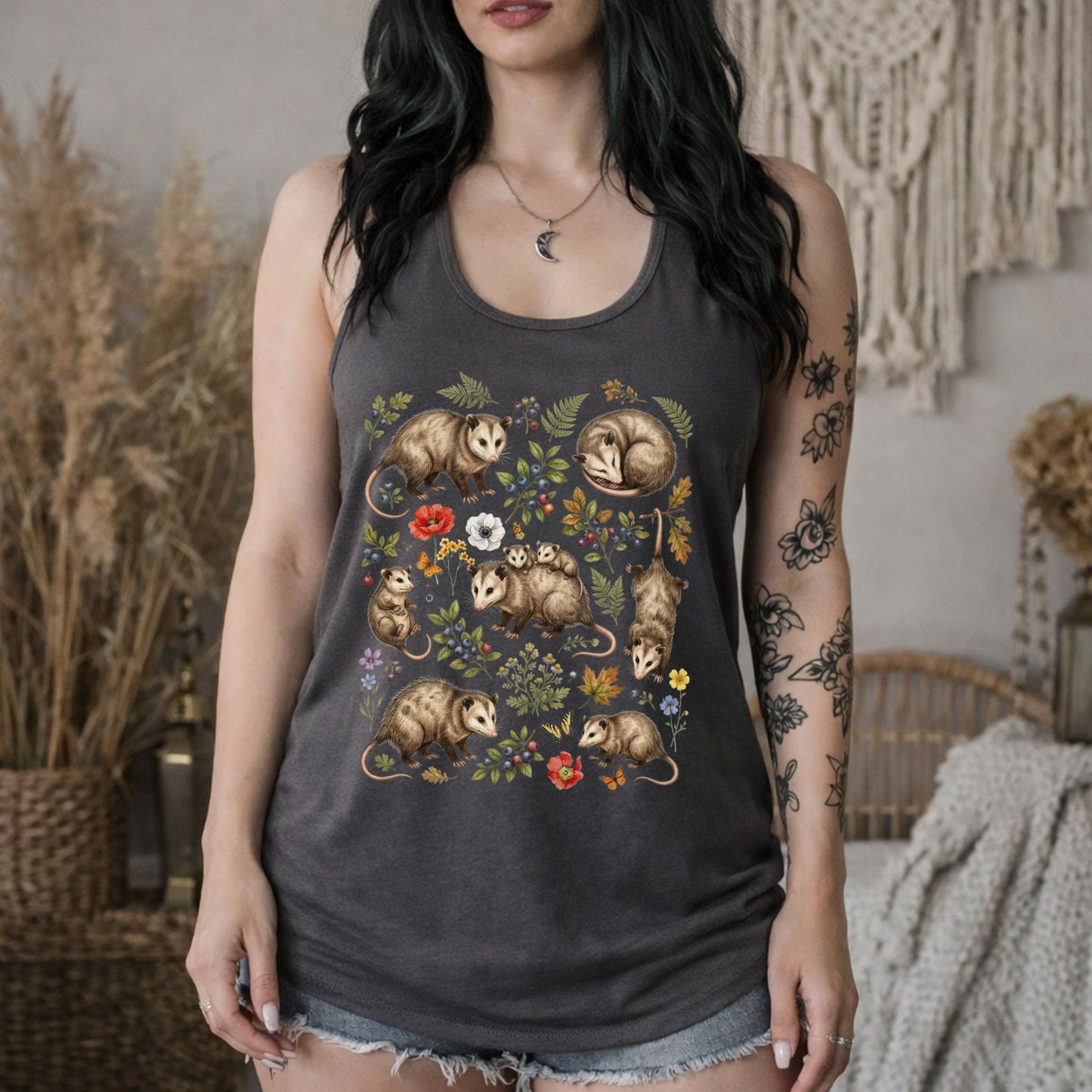 Floral Opossum Collage Racerback Tank Top