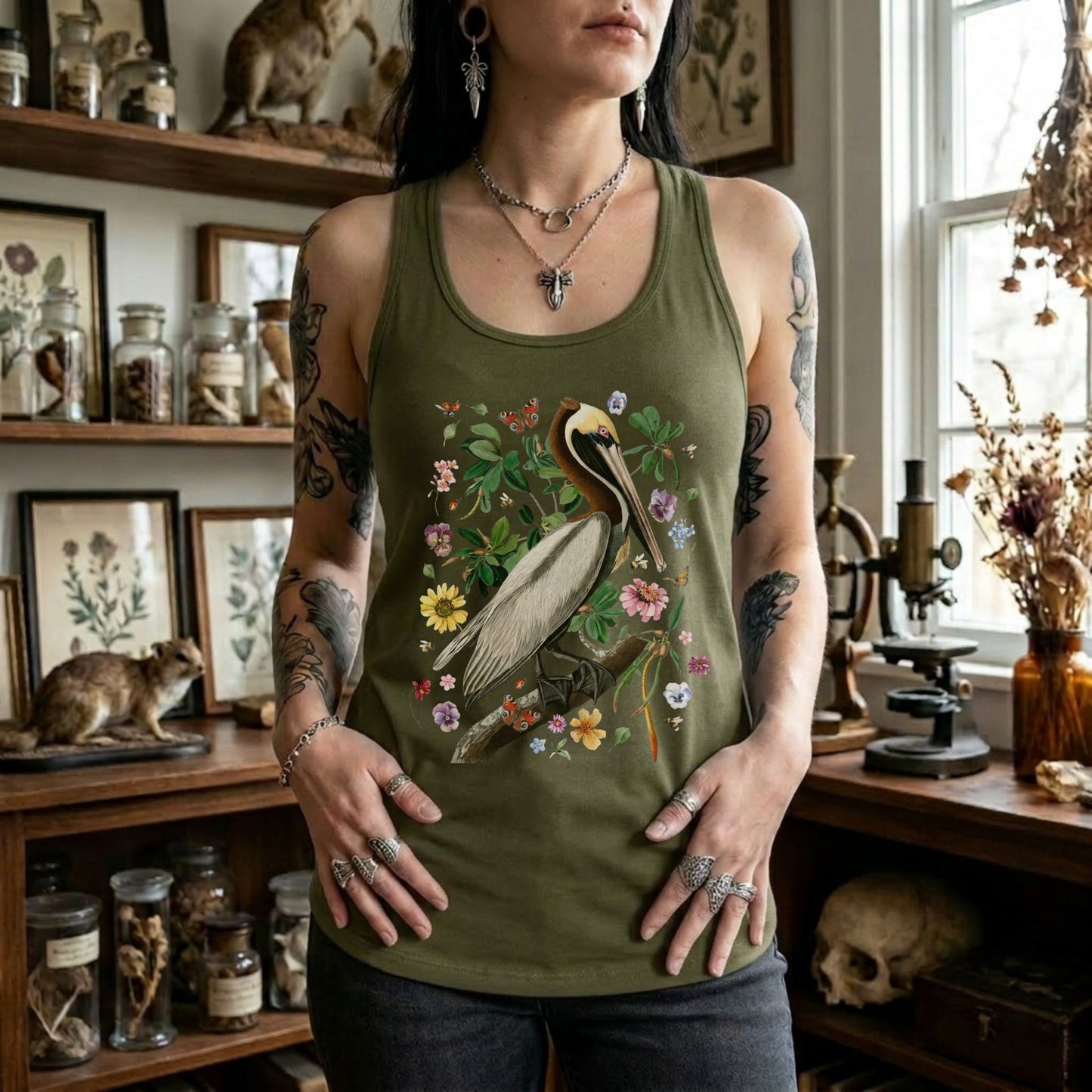 Pelican Floral Vintage Audubon Racerback Tank Top