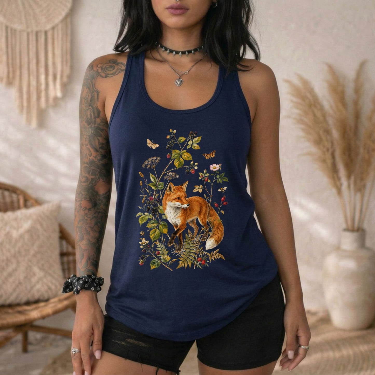 Botanical Fox and Berries Racerback Tank Top