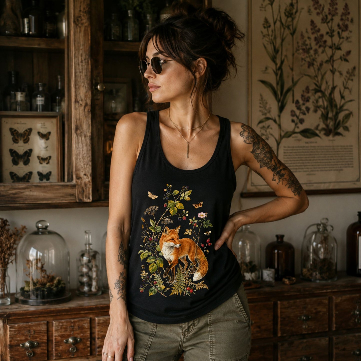 Botanical Fox and Berries Racerback Tank Top