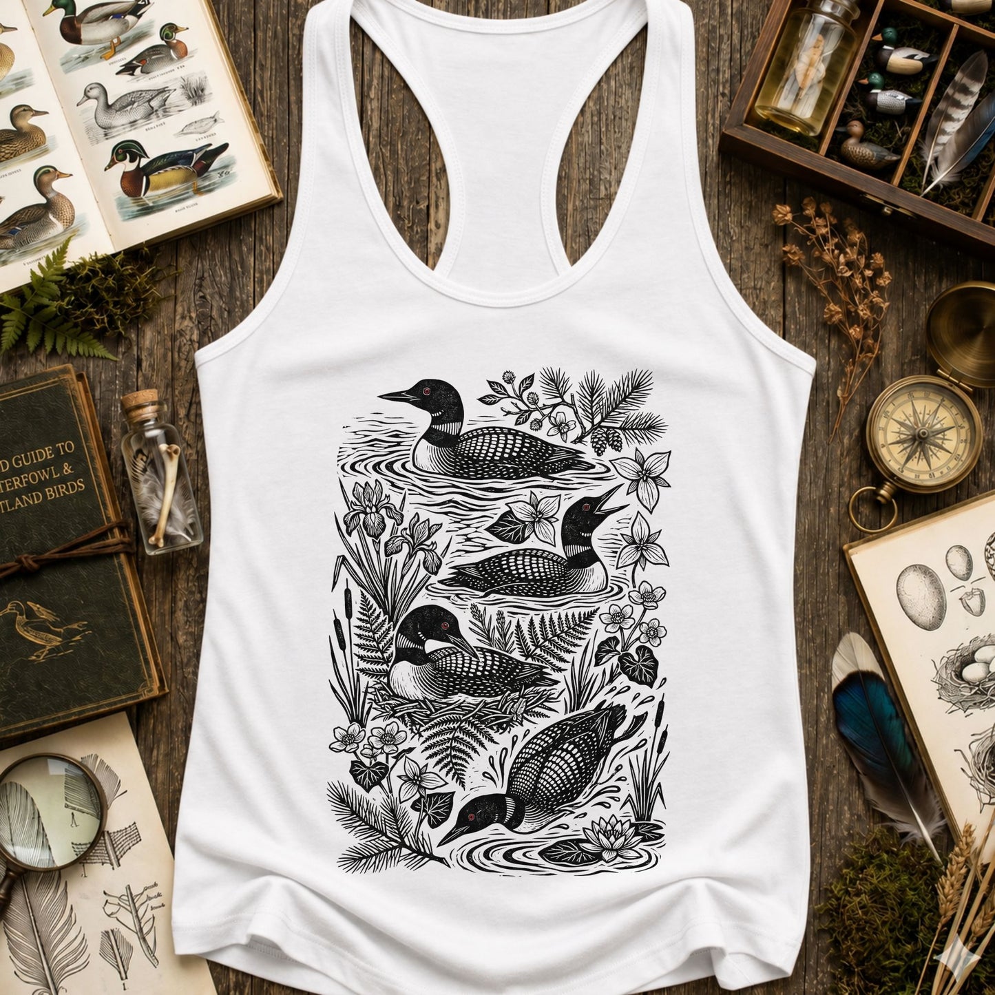 Linocut Common Loon Racerback Tank Top