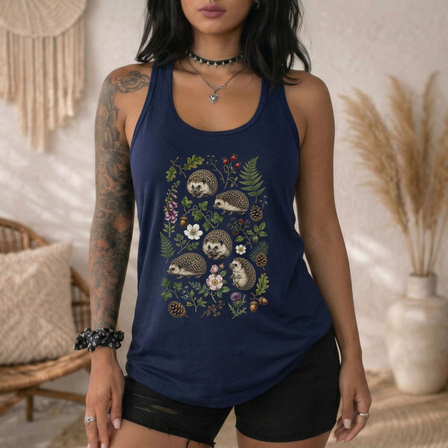 Hedgehog Woodland Botanical Racerback Tank Top