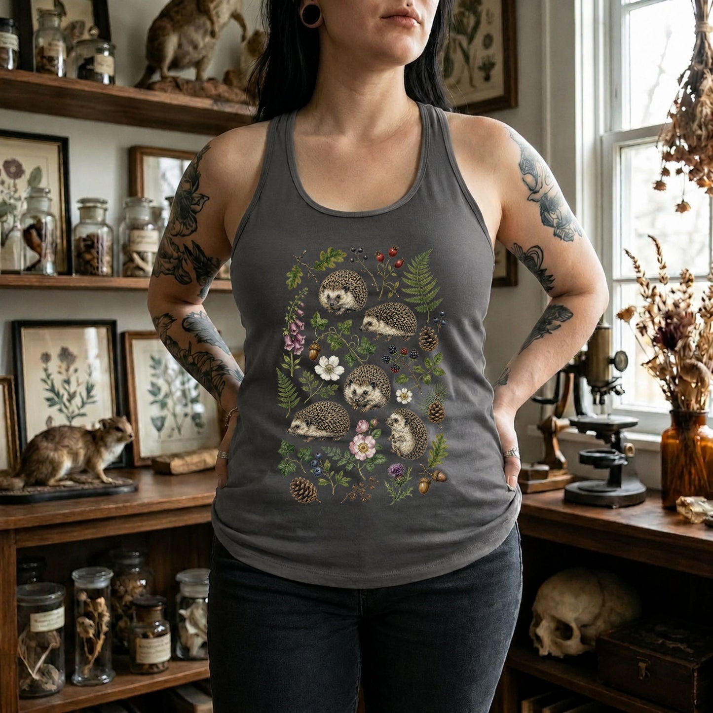 Hedgehog Woodland Botanical Racerback Tank Top