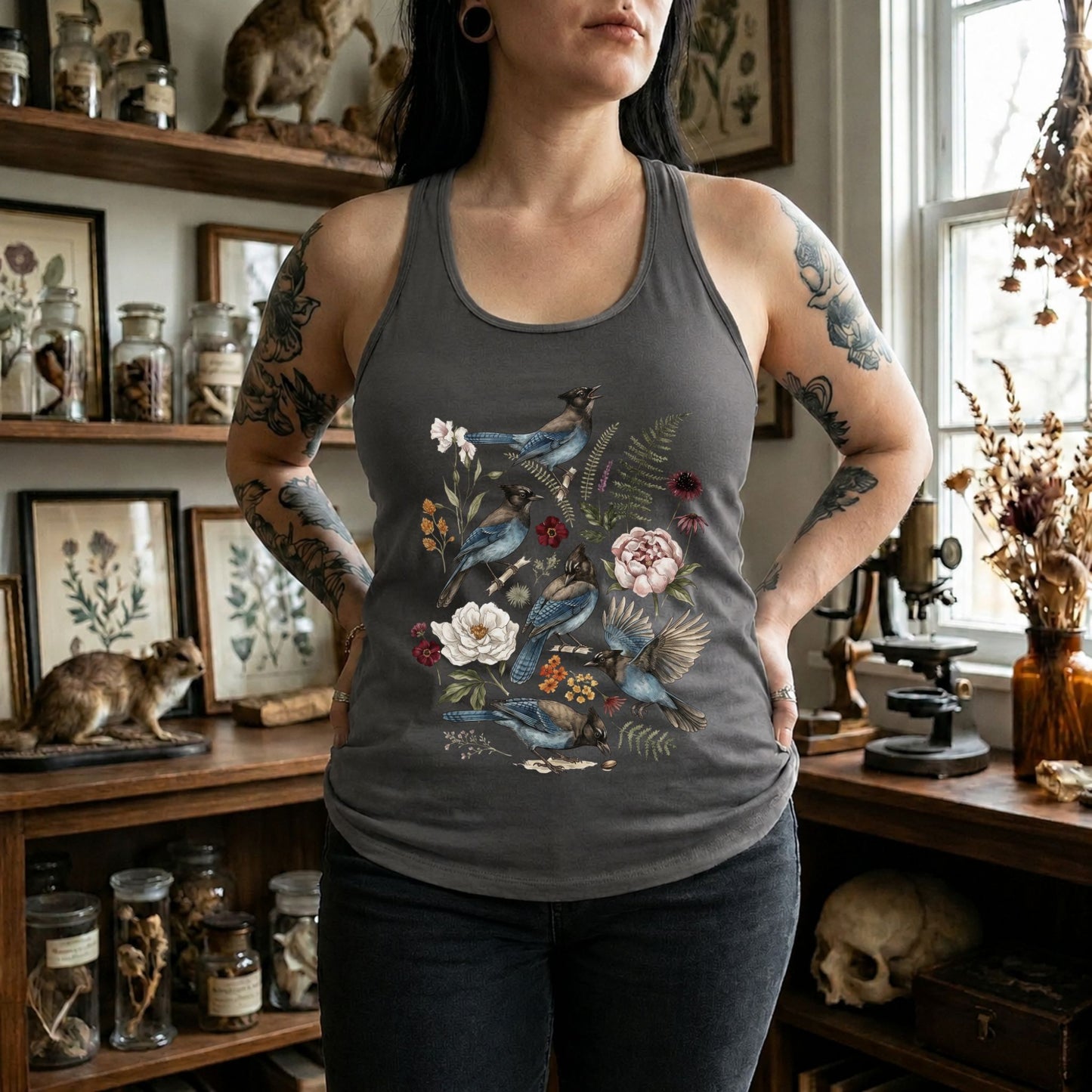 Floral Stellers Jay Bluejay Bird Racerback Tank Top