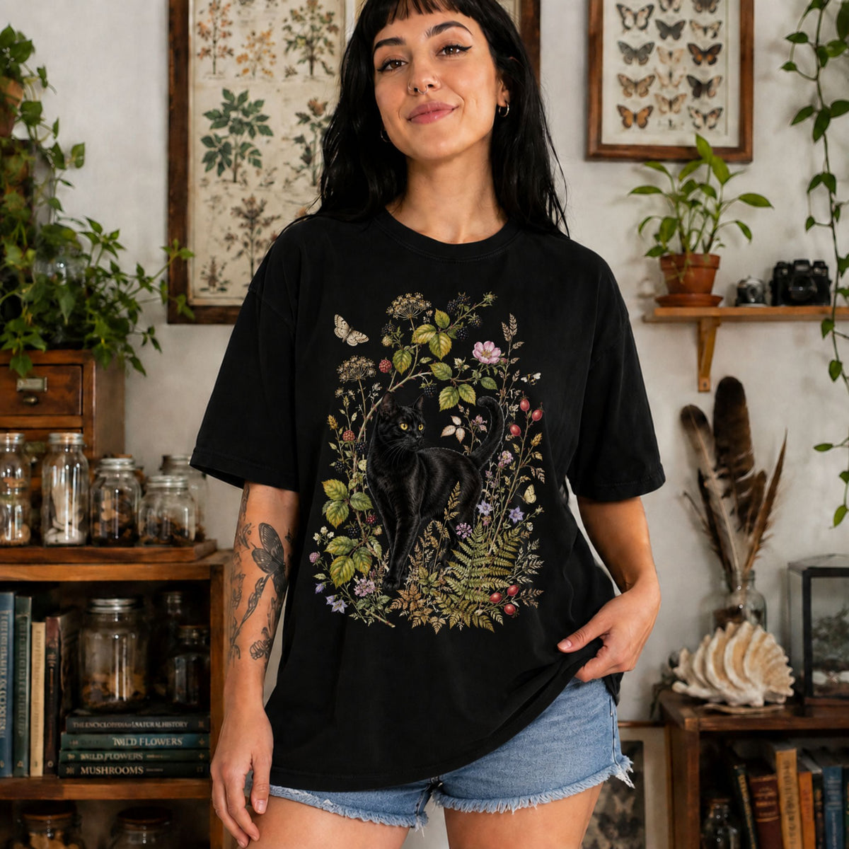 Black Cat Wildflower Nature T-Shirt