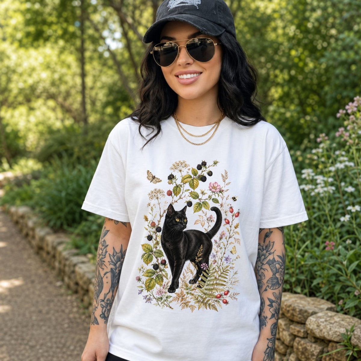 Black Cat Wildflower Nature T-Shirt