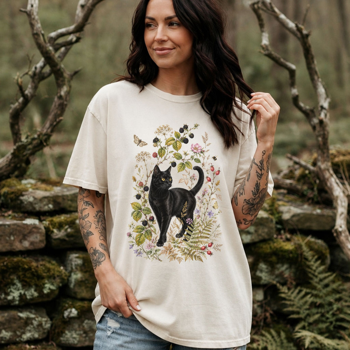 Black Cat Wildflower Nature T-Shirt