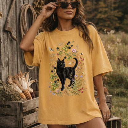 Black Cat Wildflower Nature T-Shirt