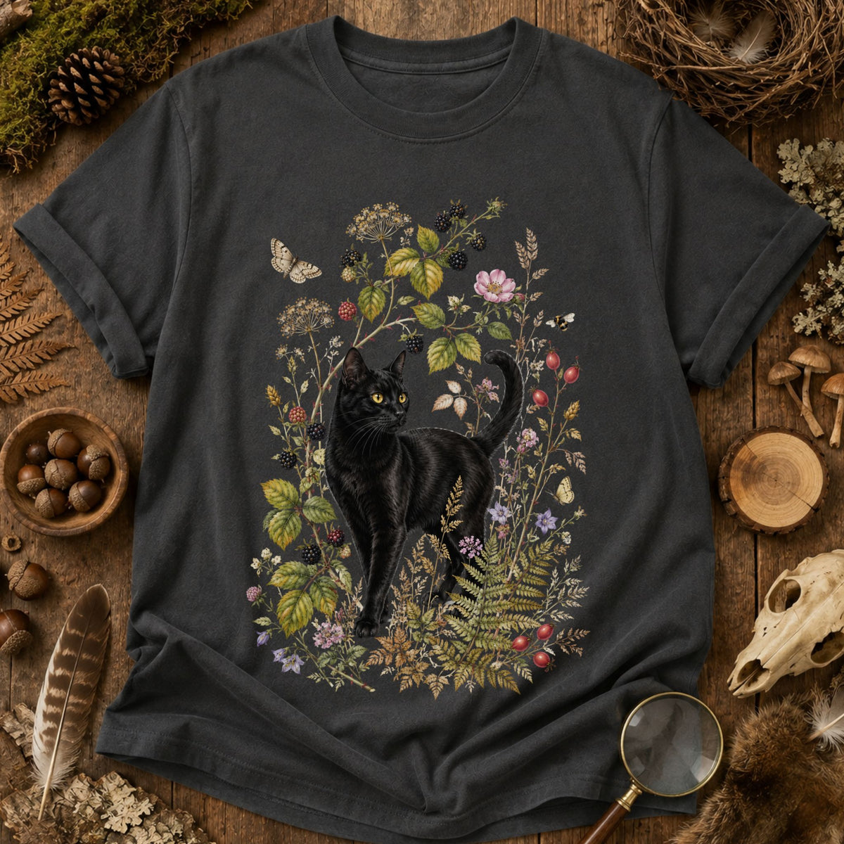 Black Cat Wildflower Nature T-Shirt