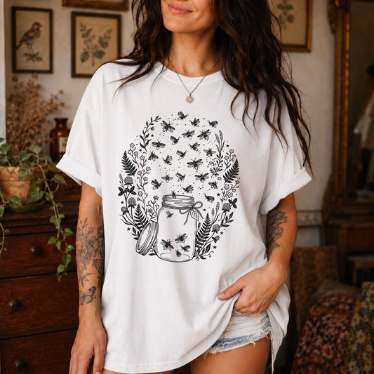 Linocut Fireflies Graphic T-Shirt