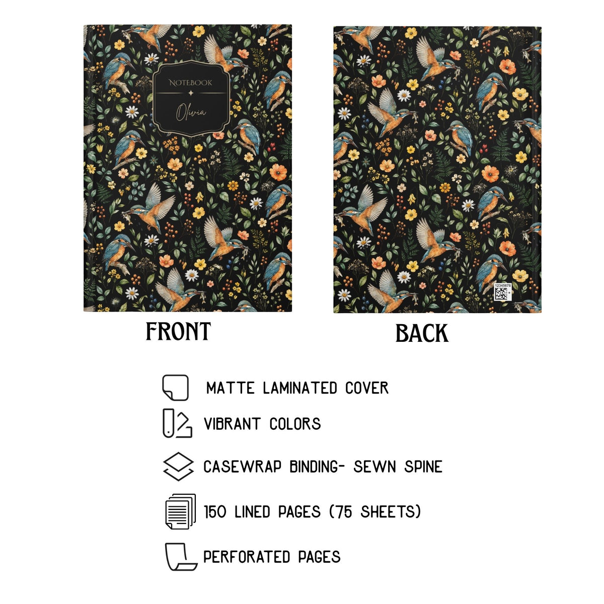 Floral Kingfisher Bird Hardcover Lined Journal
