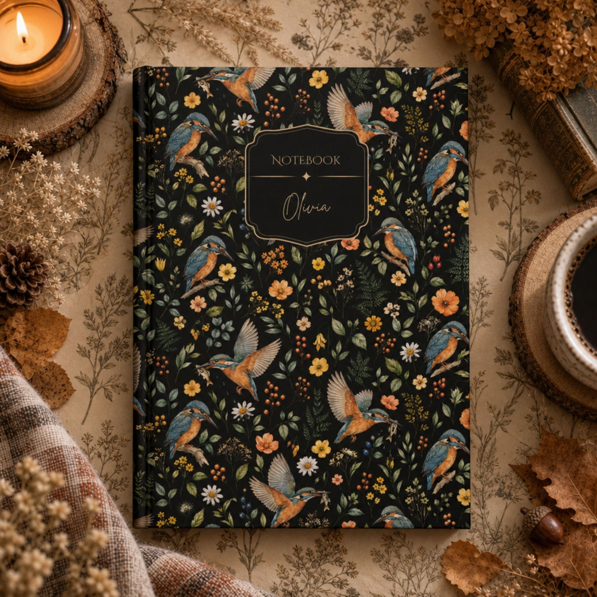 Floral Kingfisher Bird Hardcover Lined Journal