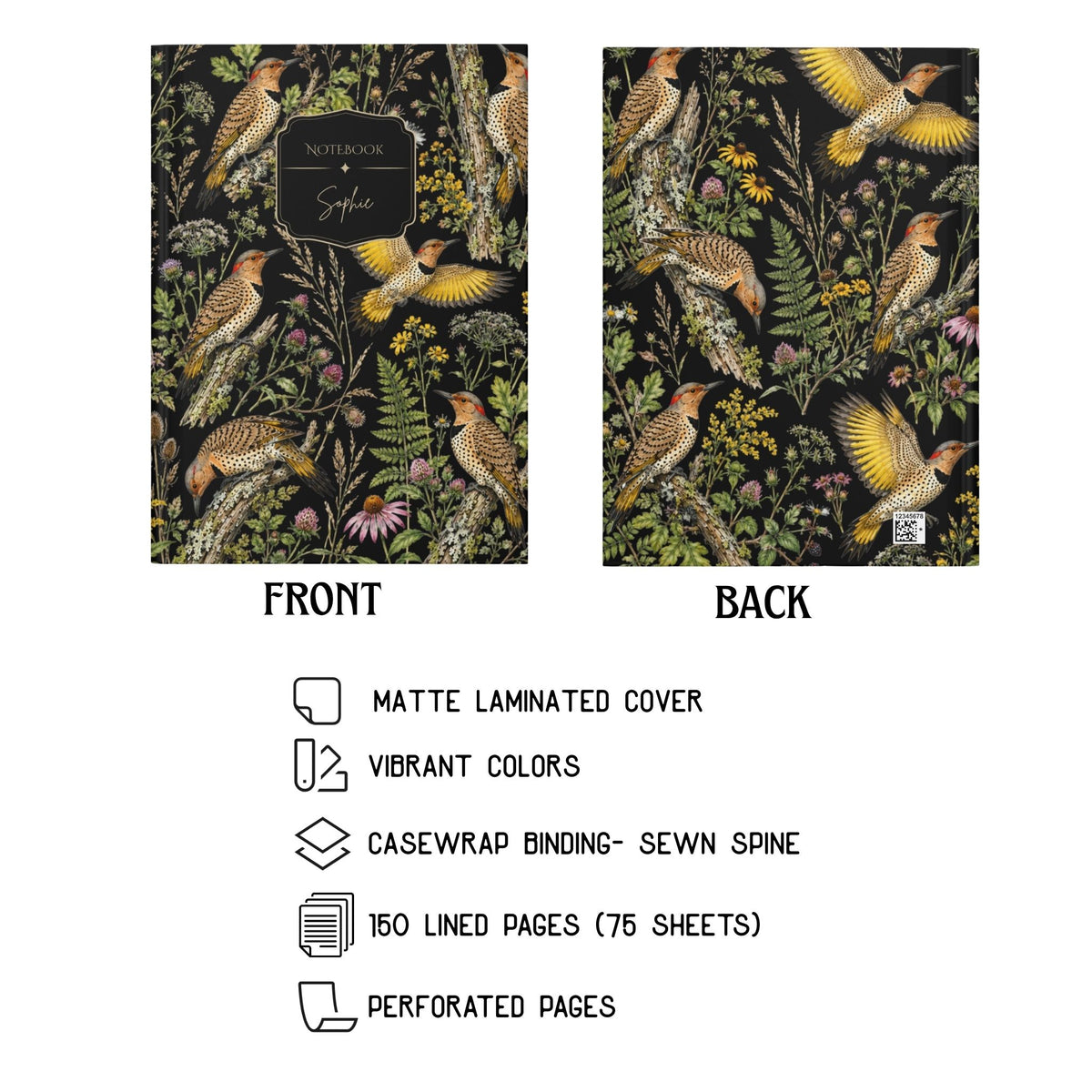 Botanical Northern Flicker Birds Hardcover Lined Journal