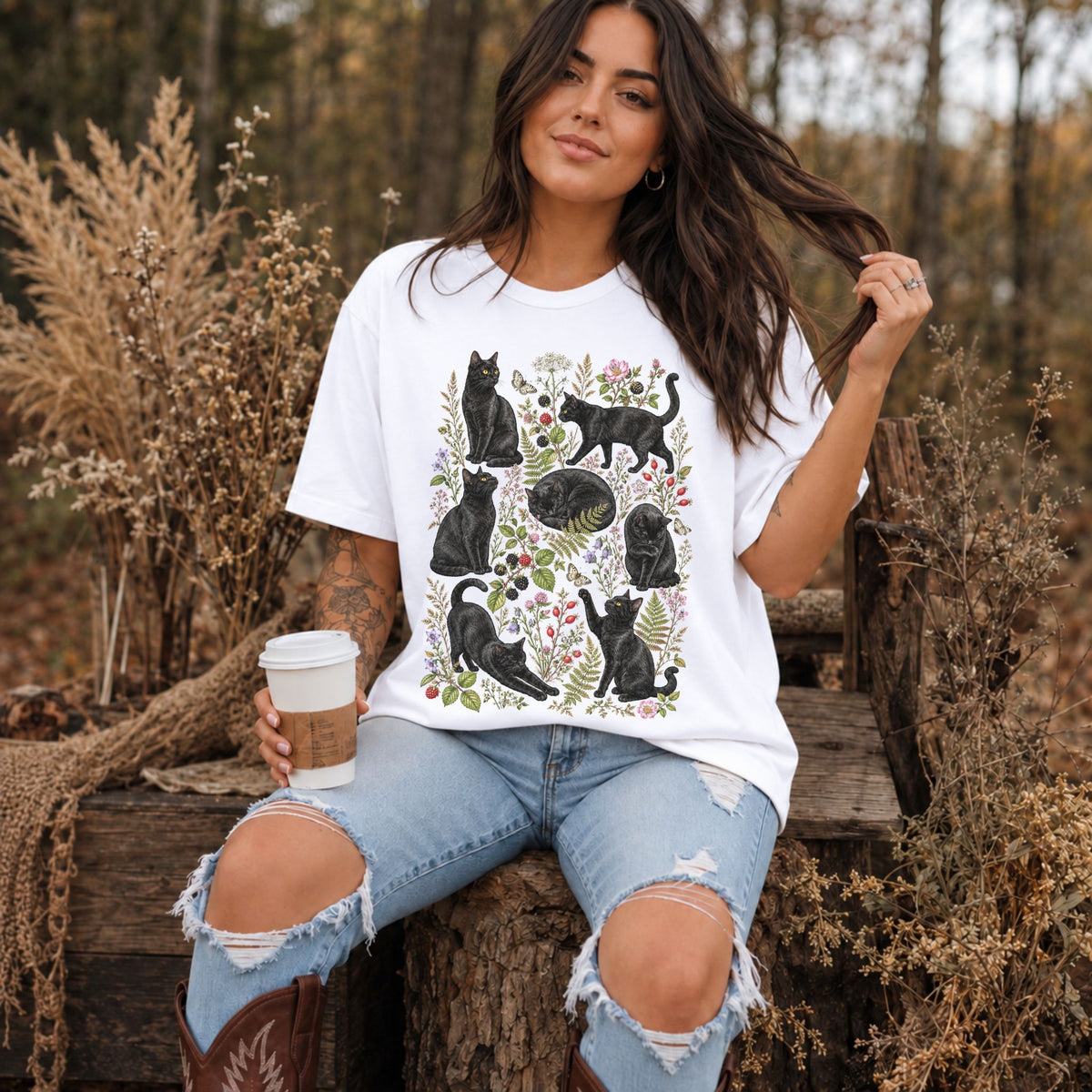 Black Cat Wildflower T-Shirt