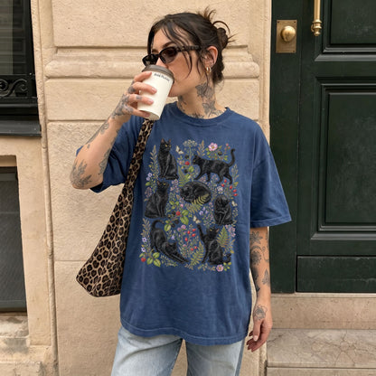Black Cat Wildflower T-Shirt