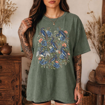 Floral Blue Heron T-Shirt