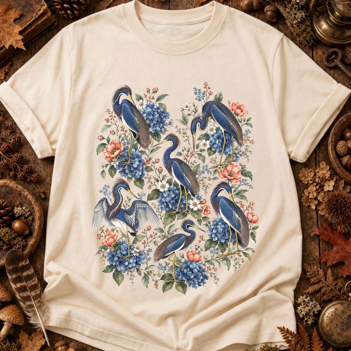 Floral Blue Heron T-Shirt