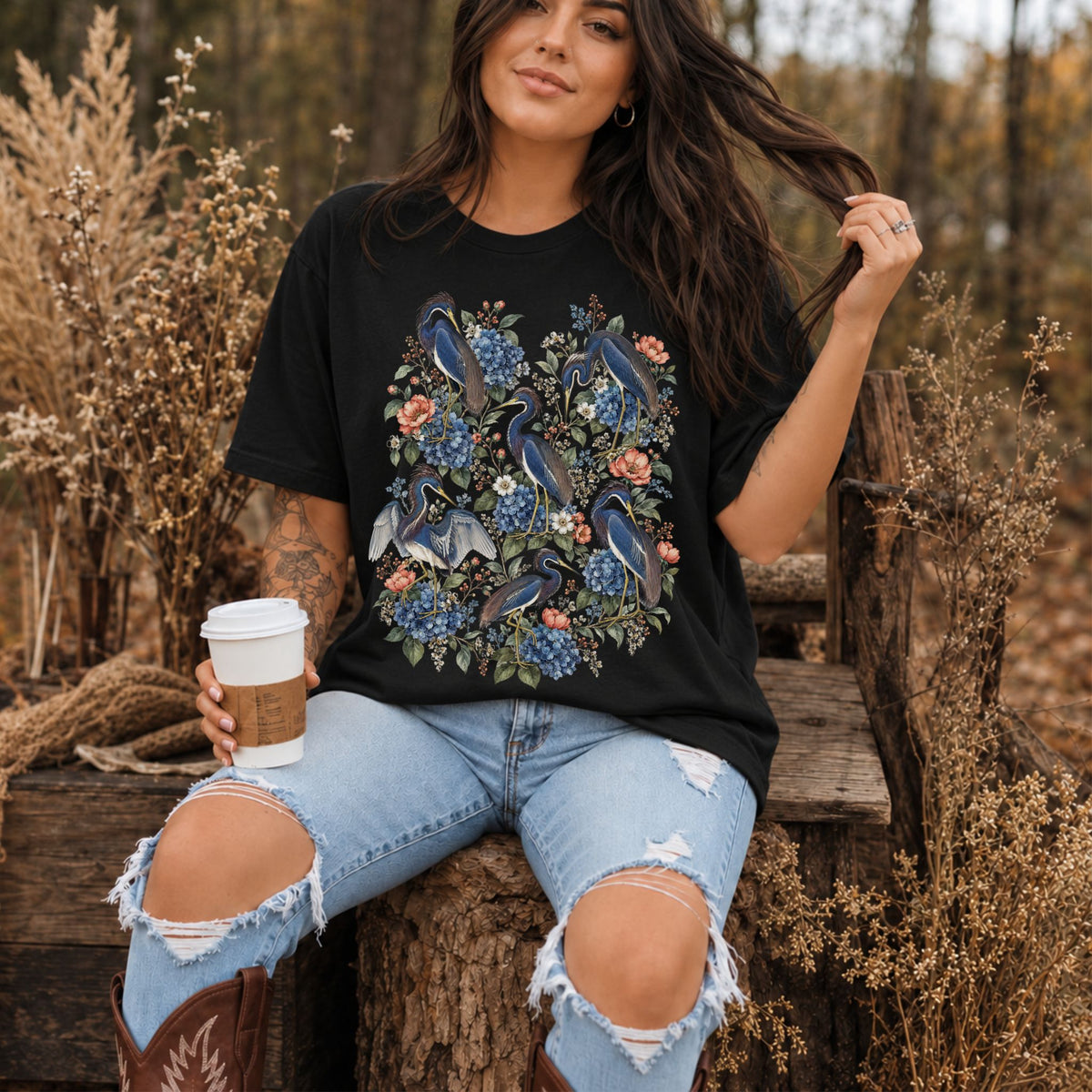Floral Blue Heron T-Shirt