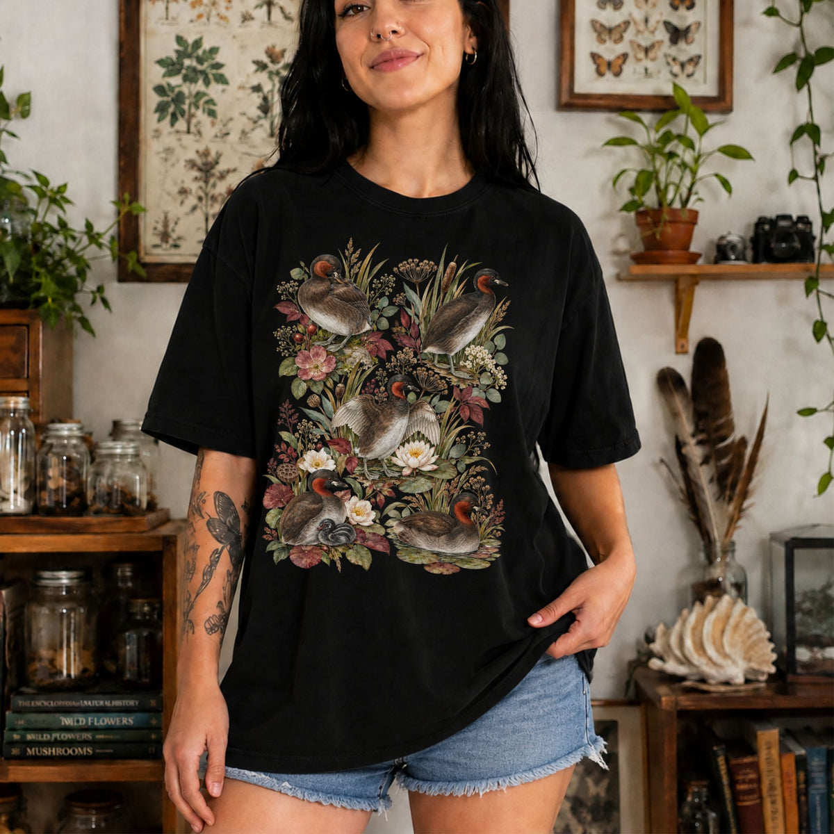 Little Greb Duck Wetland Floral T-Shirt