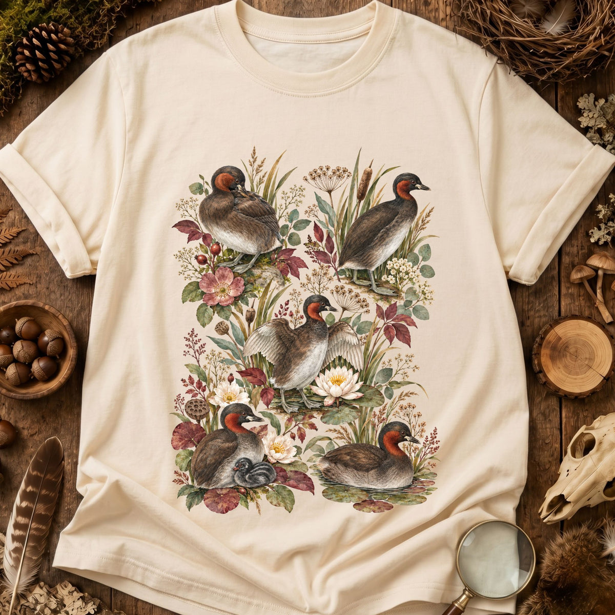 Little Greb Duck Wetland Floral T-Shirt