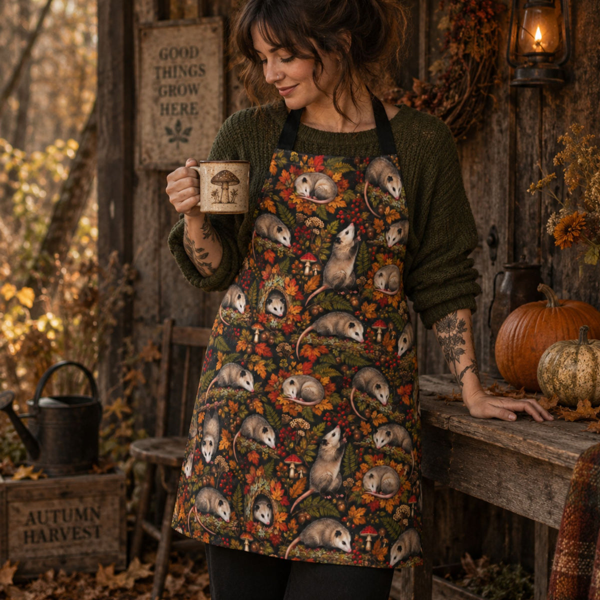 Autumn Fall Opossum Kitchen Apron