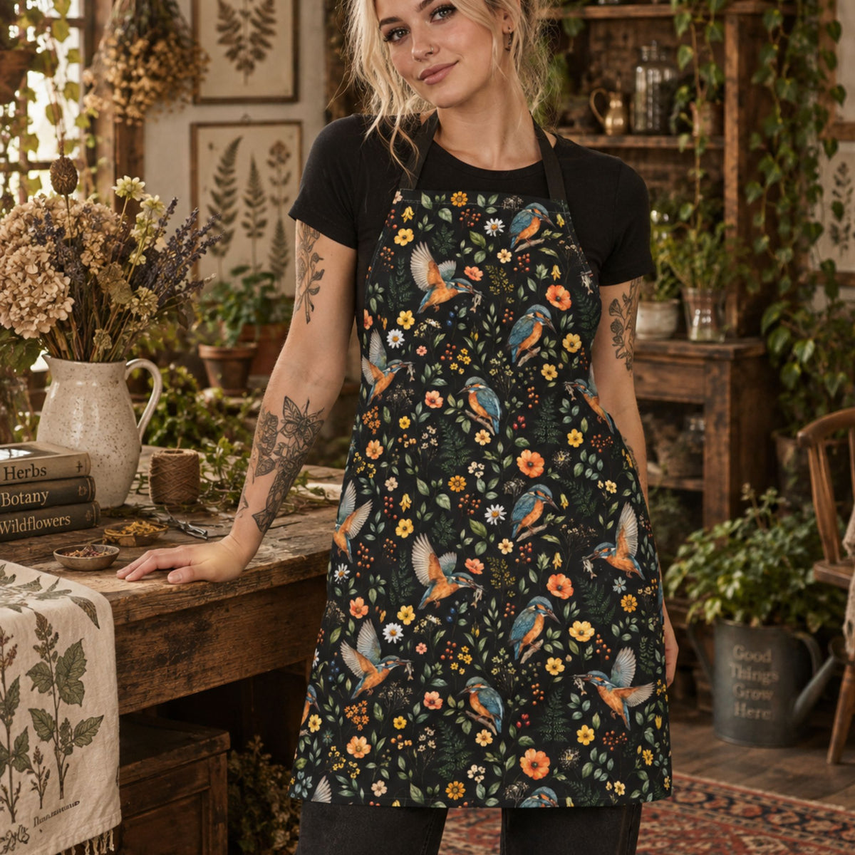 King Fisher Botanical BIrds Apron