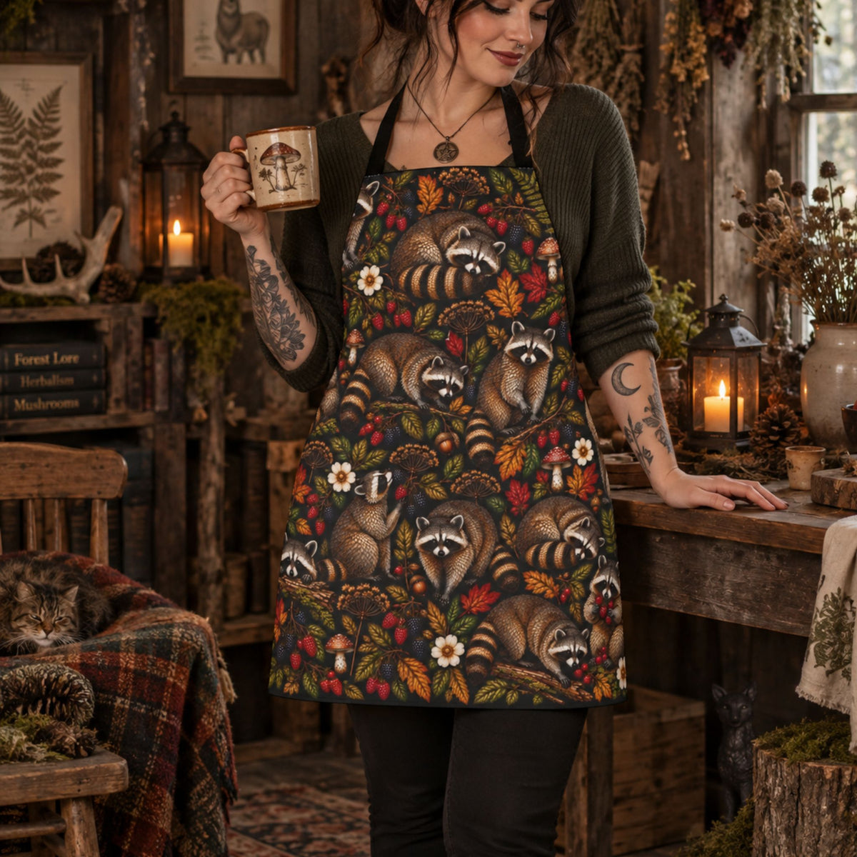 Mosaic Woodland Raccoons Apron
