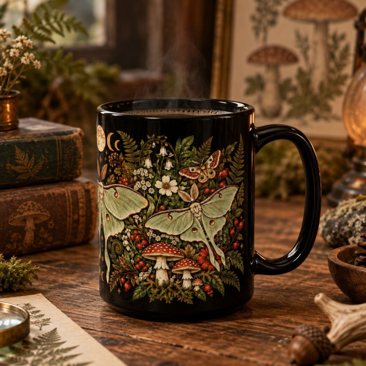 A black ceramic mug with a detailed vintage-style forest illustration featuring green dragonflies, red-and-white mushrooms, and small white flowers, set on a rustic wooden table with books, moss, and a lantern in the background.