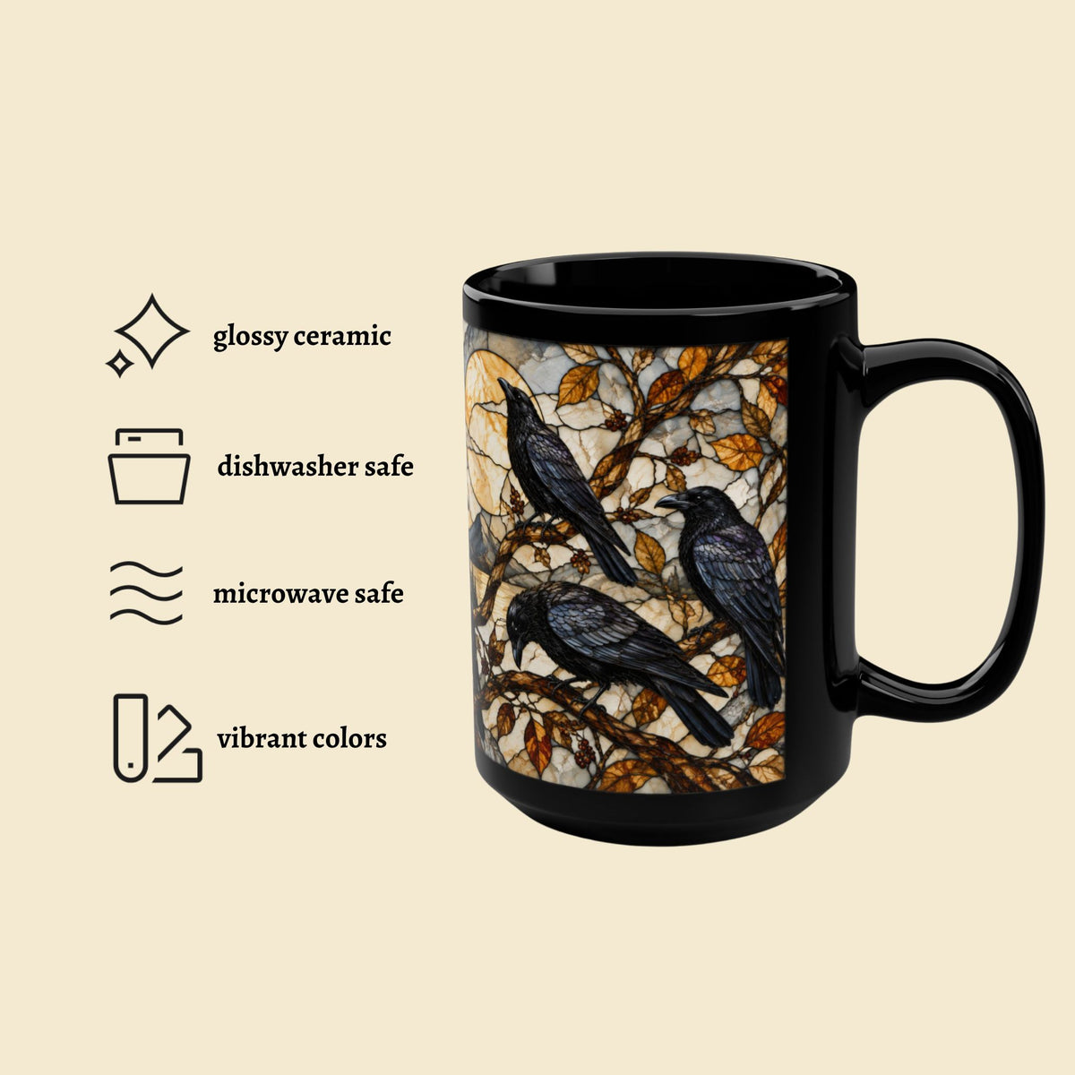 Crows Faux Stained Glass 15 Ounce Mug