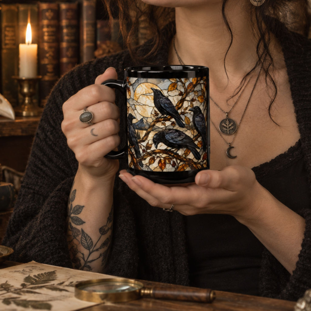 Crows Faux Stained Glass 15 Ounce Mug